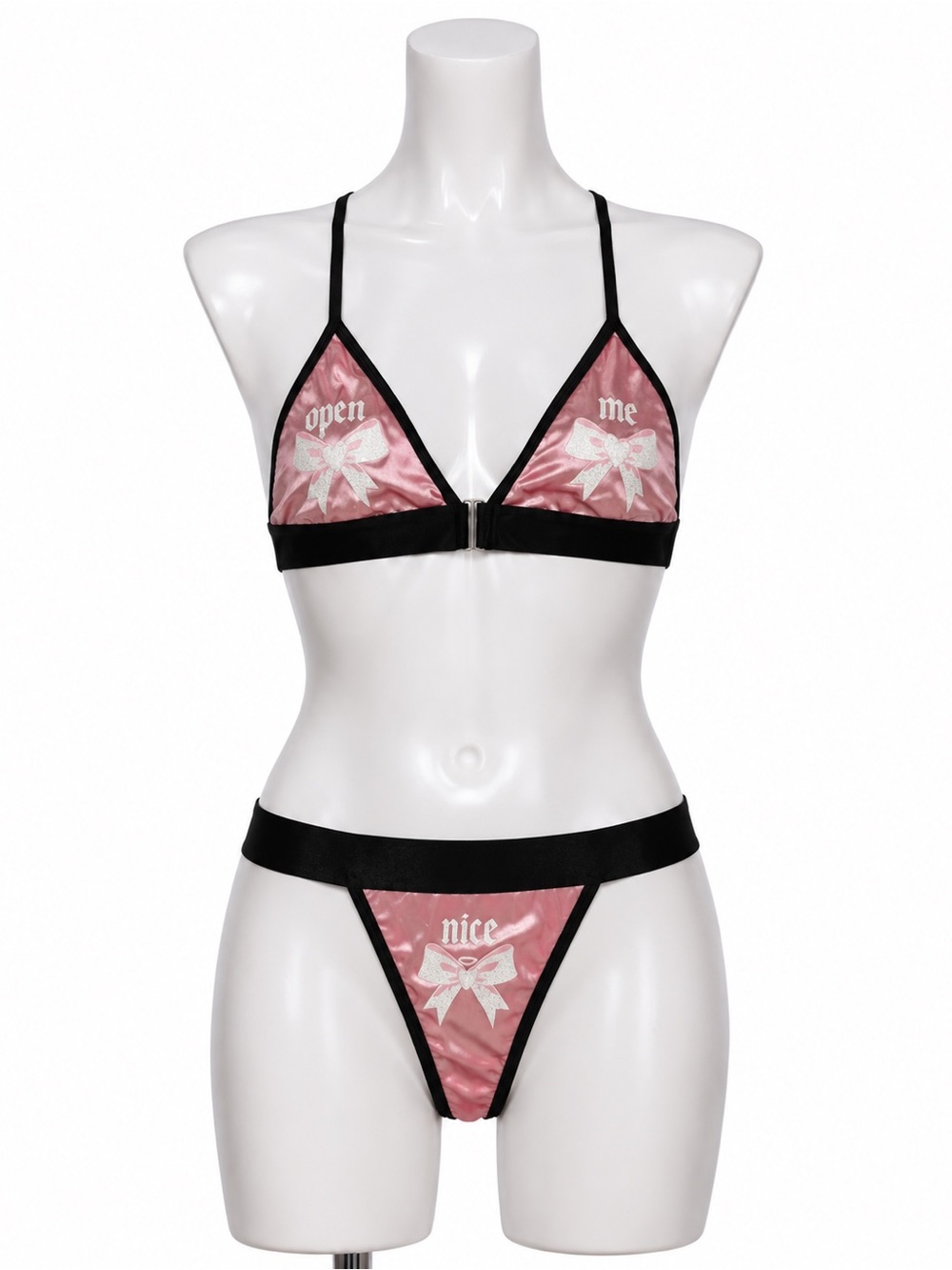 Dolls Kill Pink Satin Look Lingerie Set Black Trim Nice Bow Print Y2K Coquette